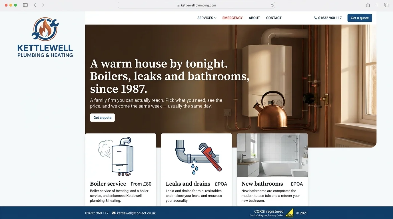 A first design of the new front page for Kettlewell Plumbing & Heating