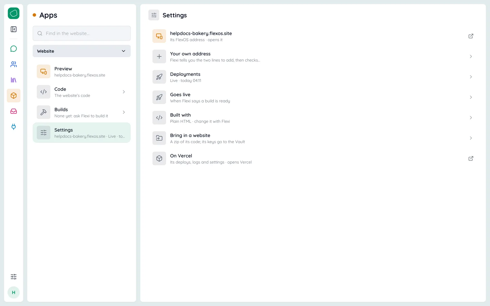 Apps, the Website box: Preview, Code, Builds and Settings, with Settings open