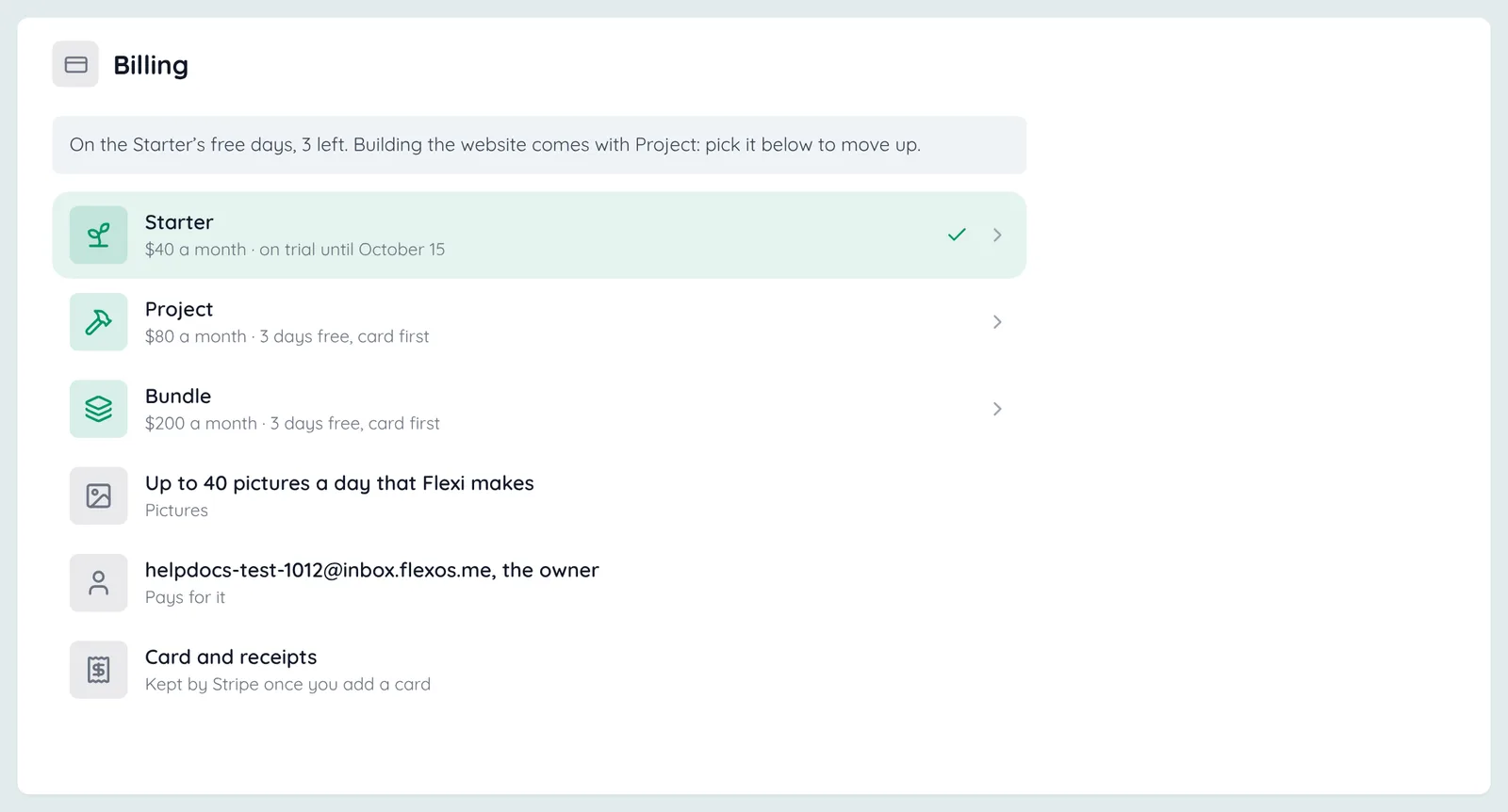 Settings › Billing: where the project stands, the three plans with this one’s marked, Pictures, Pays for it, Card and receipts