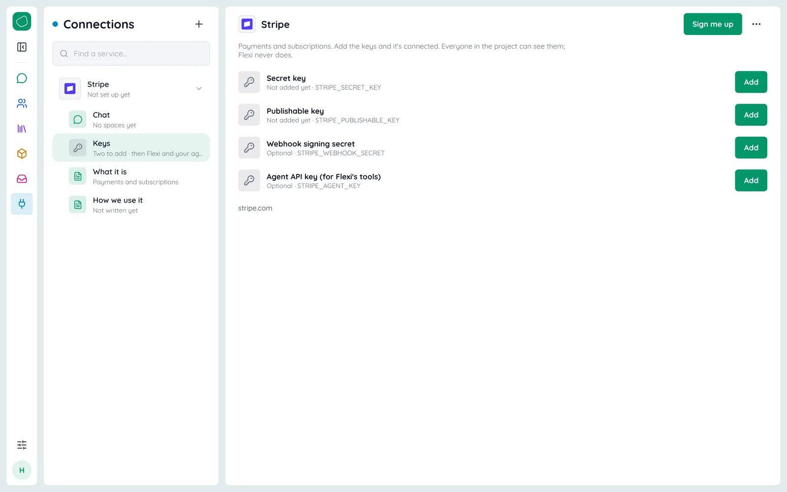 A service’s page: Chat, Keys, What it is and How we use it, with Sign me up and ⋯ at the top
