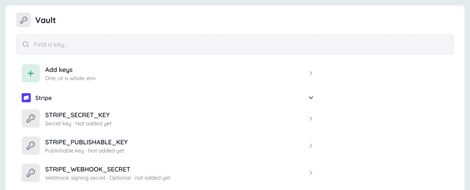 Settings › Vault: Find a key, and Add keys as the first row