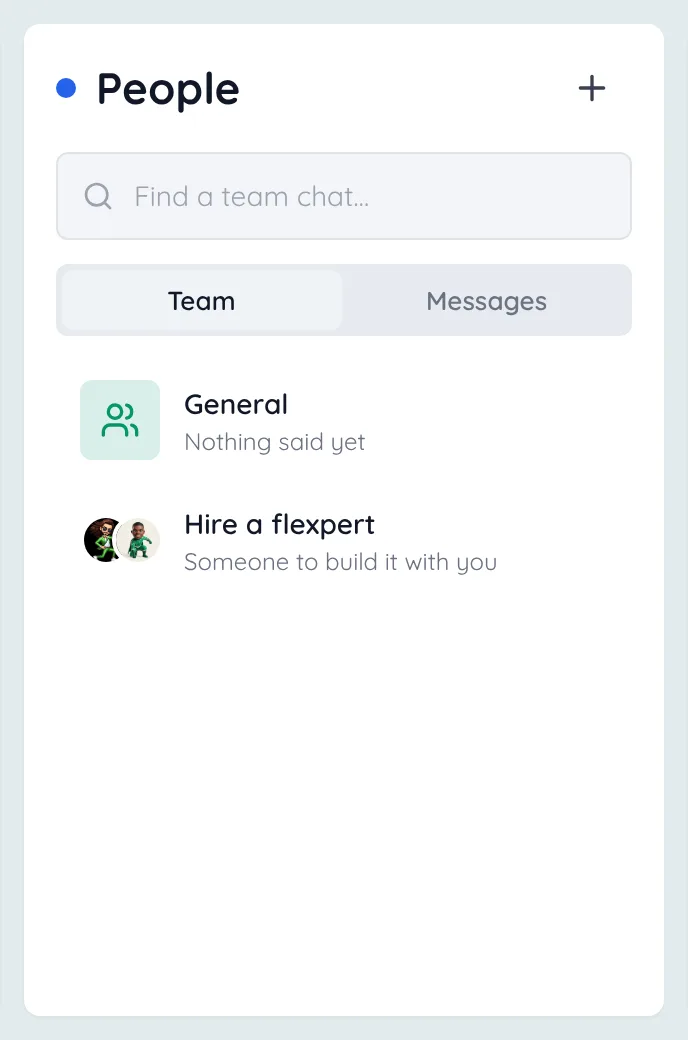 People, the Team tab: General and Hire a flexpert, with + at the top