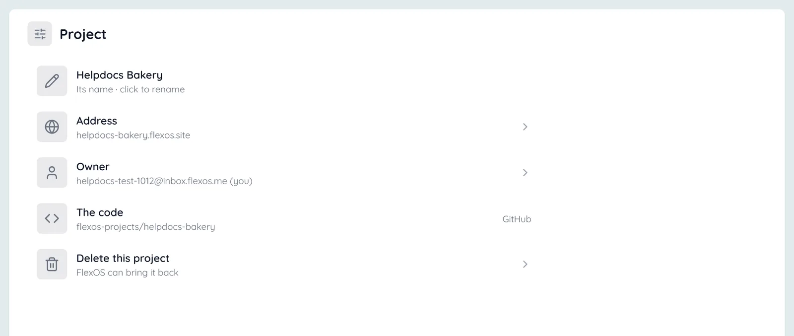 Settings › Project: its name, Address, Owner, The code and Delete this project
