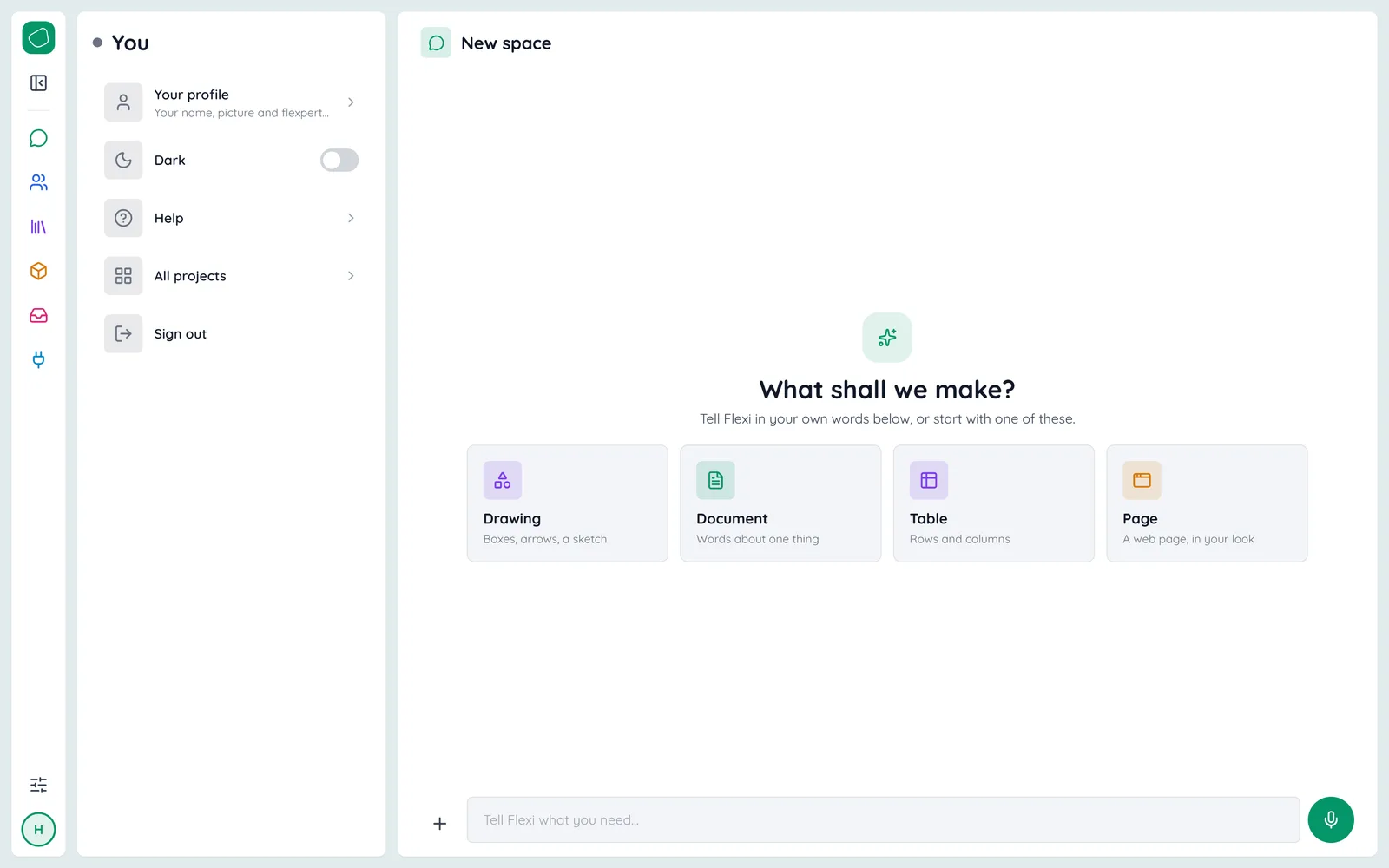 The rail’s icons, and your picture’s menu open: Your profile, Dark, Help, All projects, Sign out (on a phone, the More sheet)
