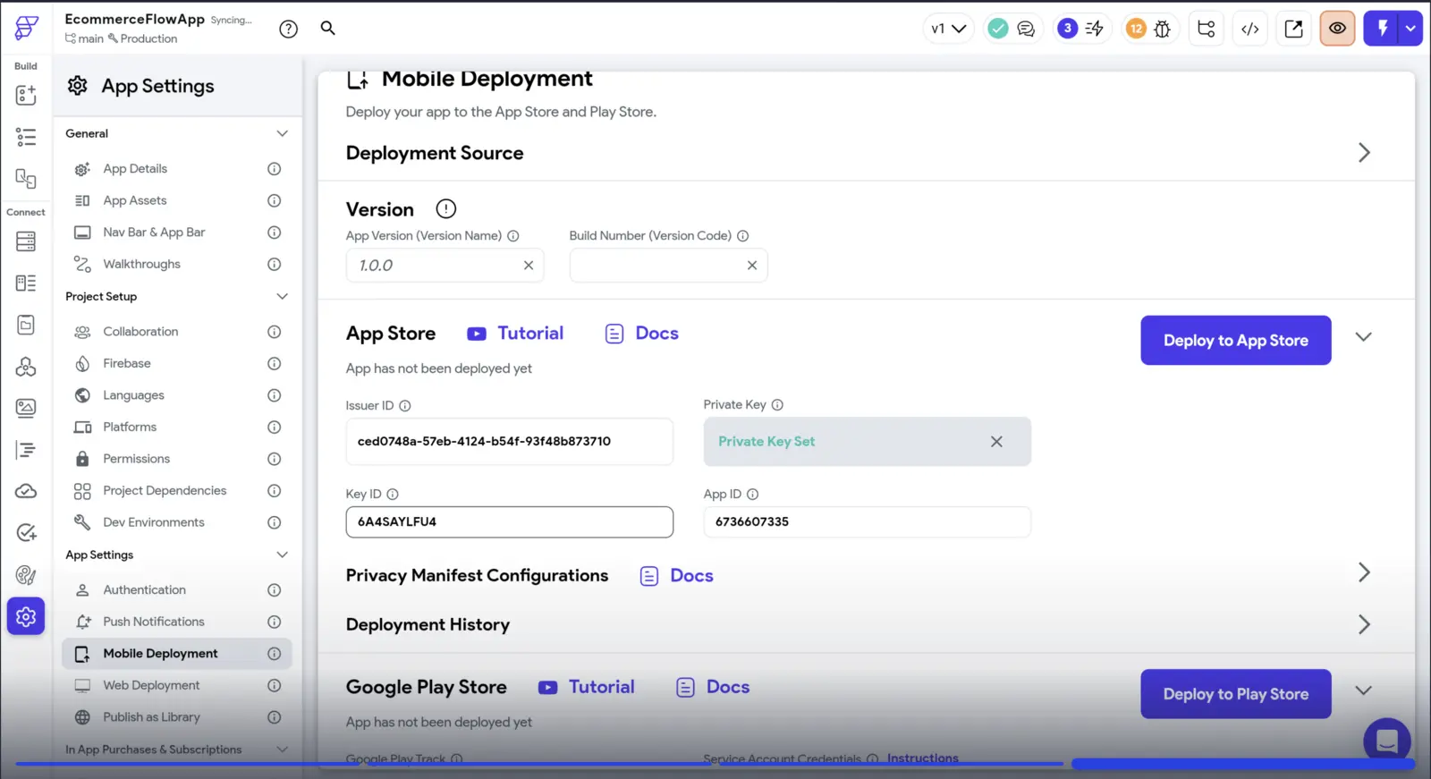 FlutterFlow, with the code button at the top right